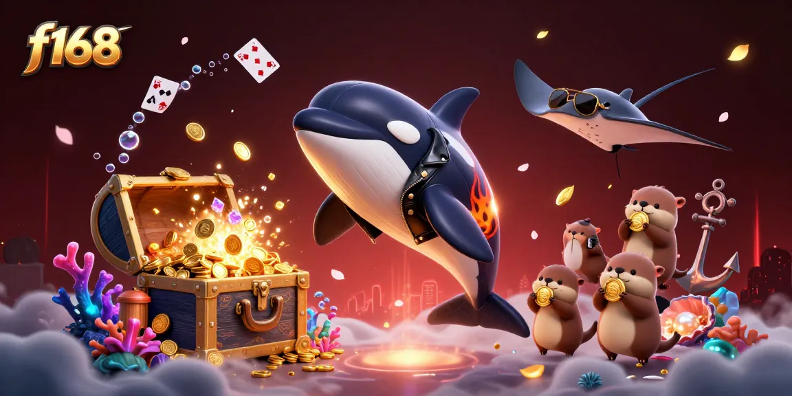 Engage with thrilling f168 online gaming as an orca, stingray, and otters celebrate wins with gold coins.