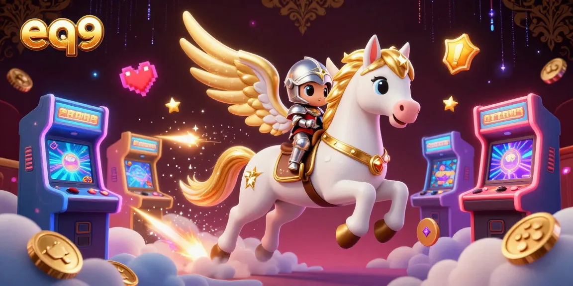 Experience the thrill of gambling at eq9, where a magical knight rides a celestial horse in this vibrant 3D scene.