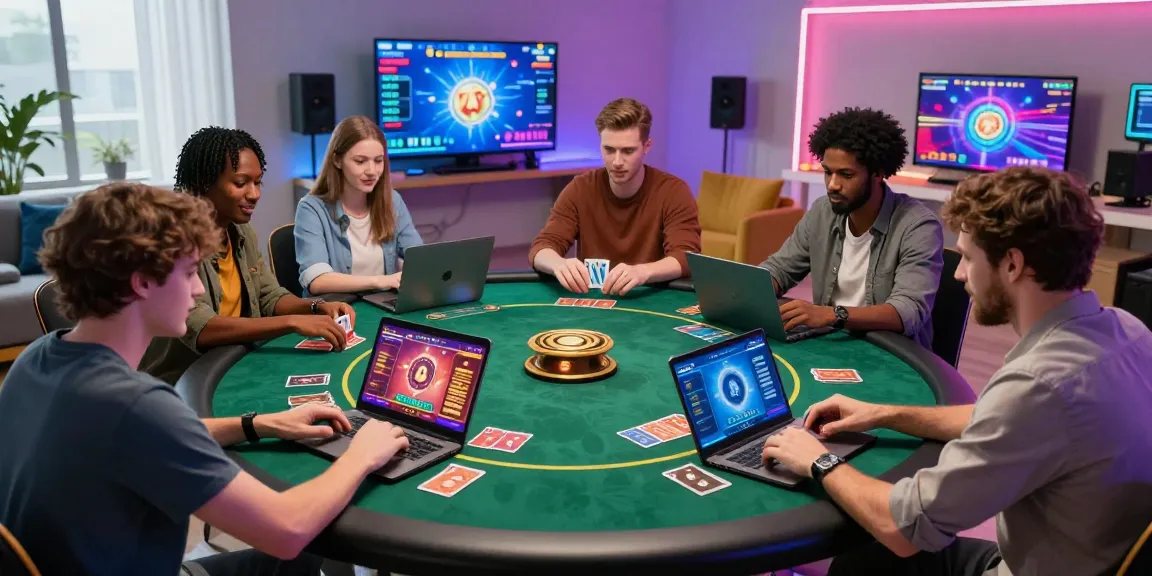 Teman bermain bersama dalam 68 game bài yang mengasyikkan, duduk di meja permainan digital dengan antusiasme dan suasana modern di ruang gaming rumah.