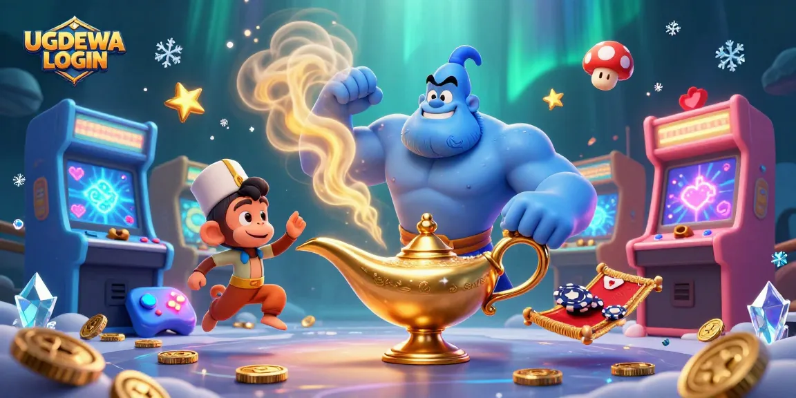 Engage with UGDEWA LOGIN as colorful cartoon characters play exciting casino games amidst vibrant retro gaming elements.