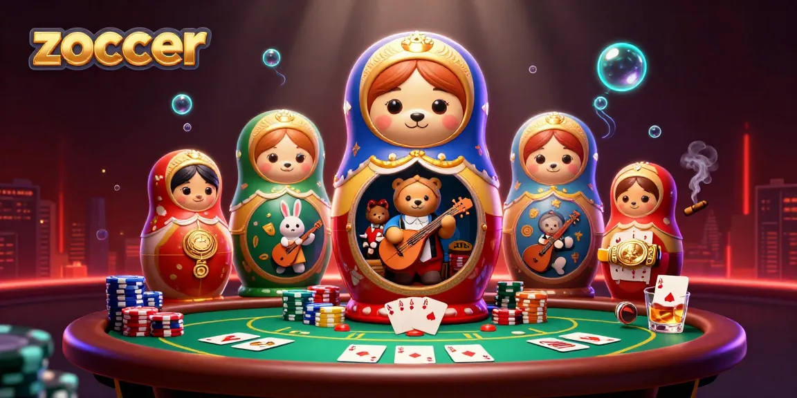 Zoccer casino scene with a Matryoshka bear revealing dealers, vibrant game elements, and rich atmospheric effects.