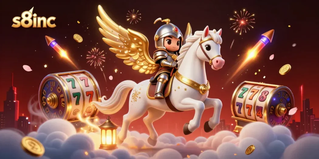 Experience thrilling fun with s8inc as a celestial horse and knight ride through a vibrant casino world.
