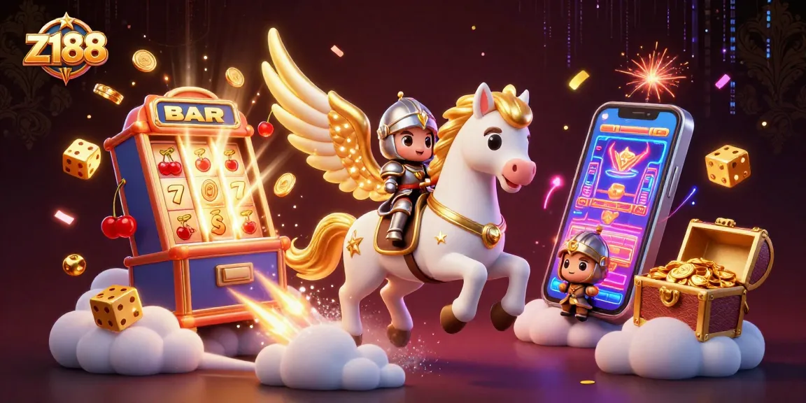 Win big at z188 with a thrilling casino scene featuring slot machines, gold coins, and a mythical horse.