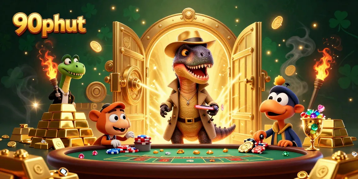 90phut showcases a velociraptor card counter at a casino with gold treasures and dynamic lighting.