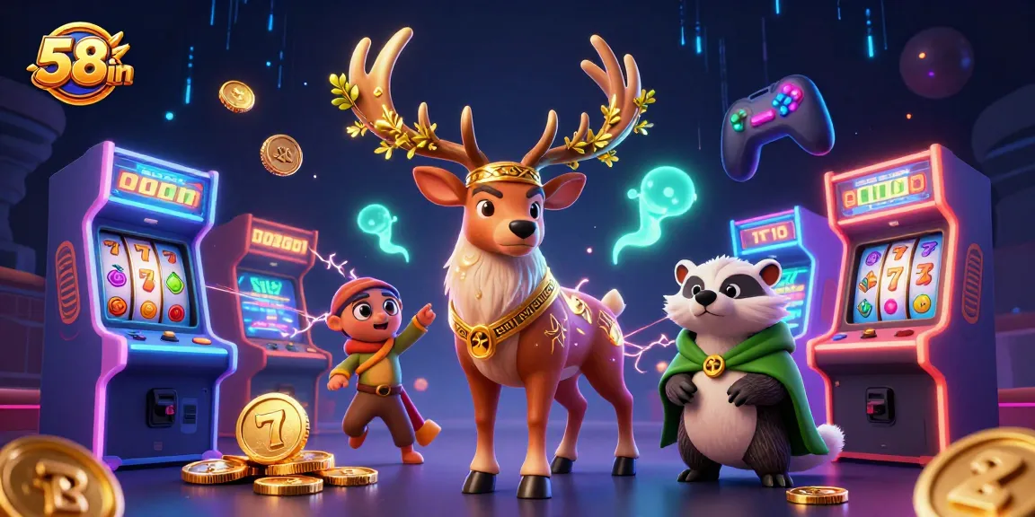 Experience dynamic wins with 58win's vibrant gaming landscape, featuring slots and joyful gaming characters.