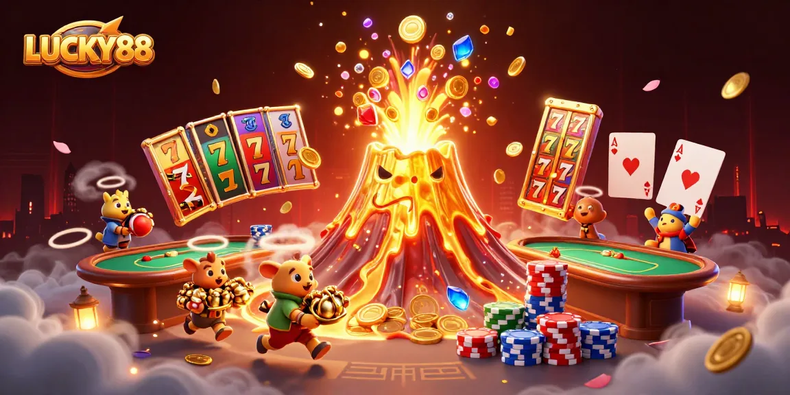 LUCKY88 players enjoying vibrant slot action amidst treasures and triumph in a captivating casino scene.