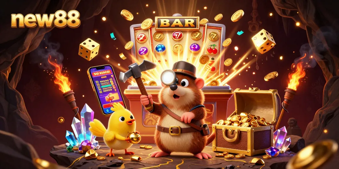Experience exciting gaming adventures with new88 in this vibrant 3D scene filled with treasures and casino thrills.