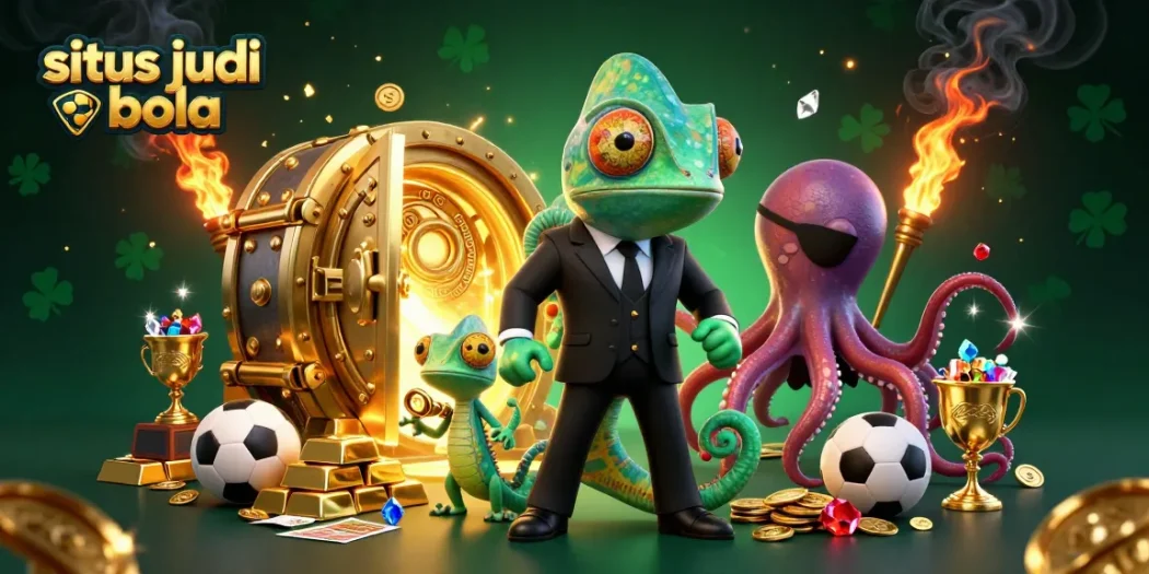 Bets come alive with the colorful characters of situs judi bola, sports betting treasures, and golden elements.
