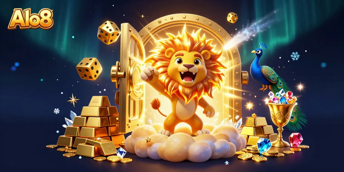 Alo8 showcases a vibrant casino scene featuring a roaring lion surrounded by golden treasures and dynamic casino elements.