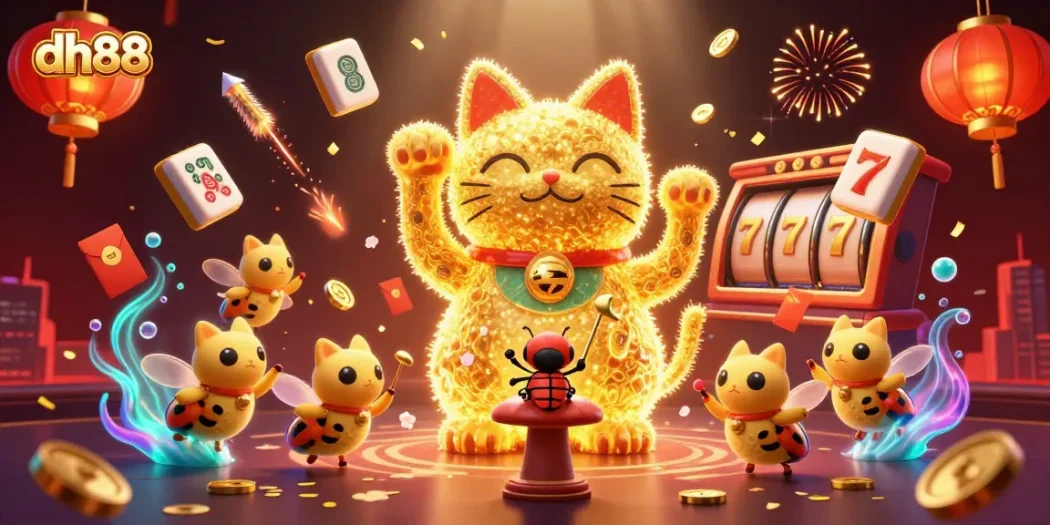 Experience dh88's vibrant casino world with a lucky cat and conductor in a golden atmosphere.