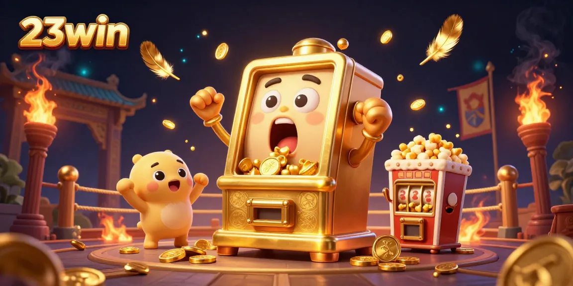 Feel the excitement as the golden slot machine celebrates a jackpot in 23win's vibrant casino scene.