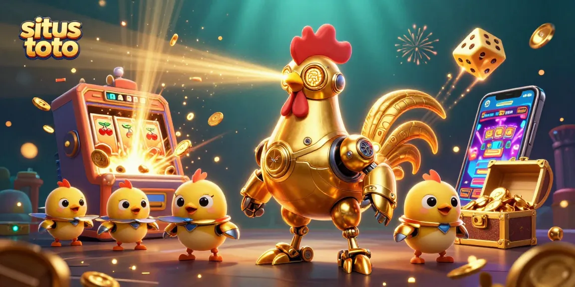 Menghadirkan situs toto dengan robot ayam emas futuristik dalam ilustrasi kasino penuh aksi yang memikat.