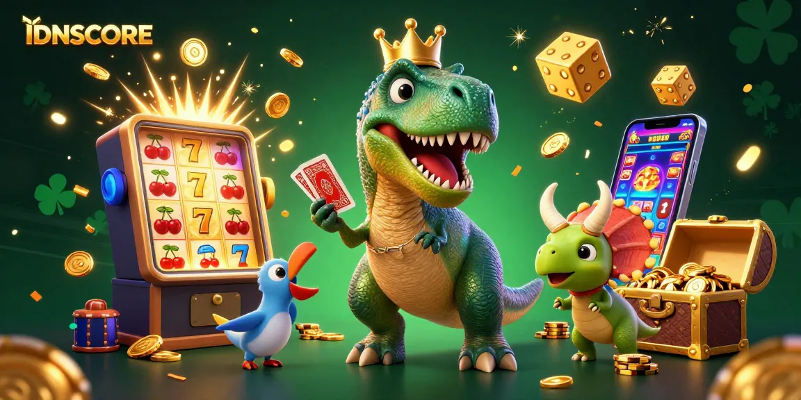 IDNSCORE features a whimsical T-Rex shuffling cards, surrounded by vibrant casino elements illustrating exciting gameplay.
