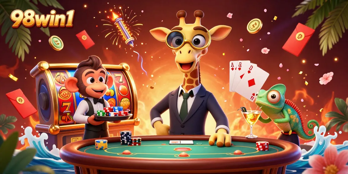 Win big at 98win1 with a lavish casino scene featuring vibrant gameplay elements and fun characters.
