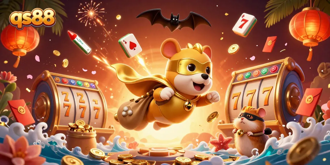 Engage with thrilling qs88 action featuring a superhero dog and sidekick hamster amid vibrant casino elements.