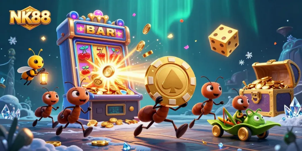 NK88 ants on a heist with a giant poker chip amidst a lively casino scene of bright jackpots.