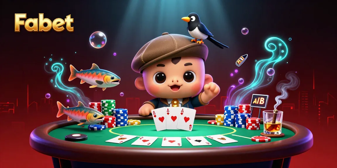 Fabet showcases a lively casino scene with baby Nessie and friends surrounded by poker elements.
