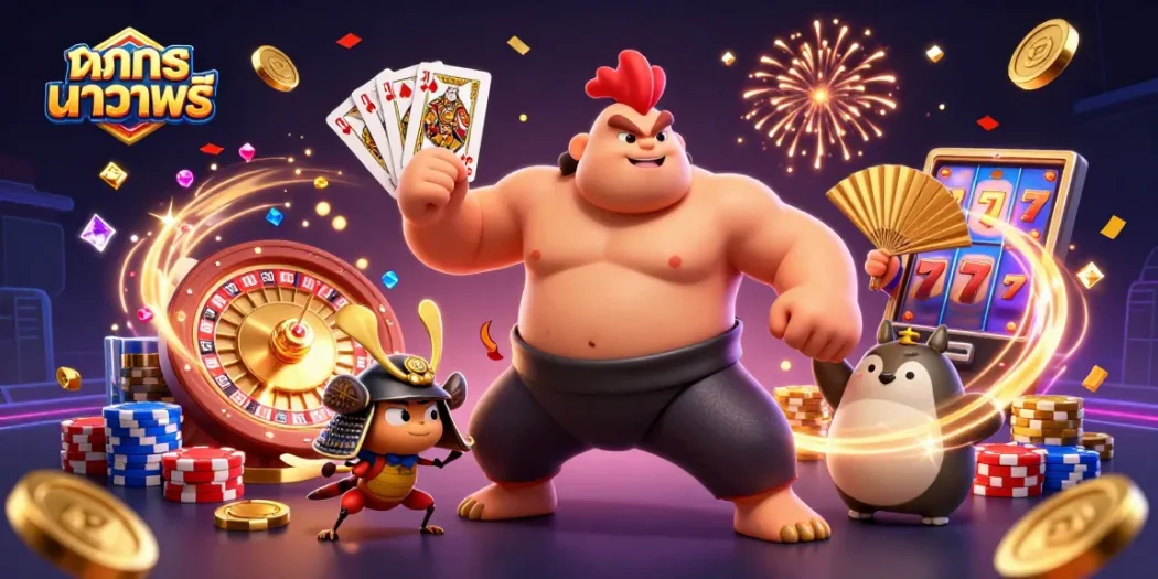 Engage in ทดลองบาคาร่าฟรี with dynamic characters in a vibrant casino scene full of action.
