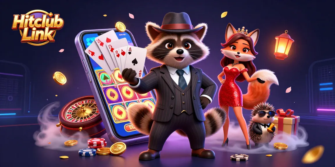 Hitclub Link showcases a suave raccoon in a pinstripe suit amidst explosive gaming action in a vivid casino setting.