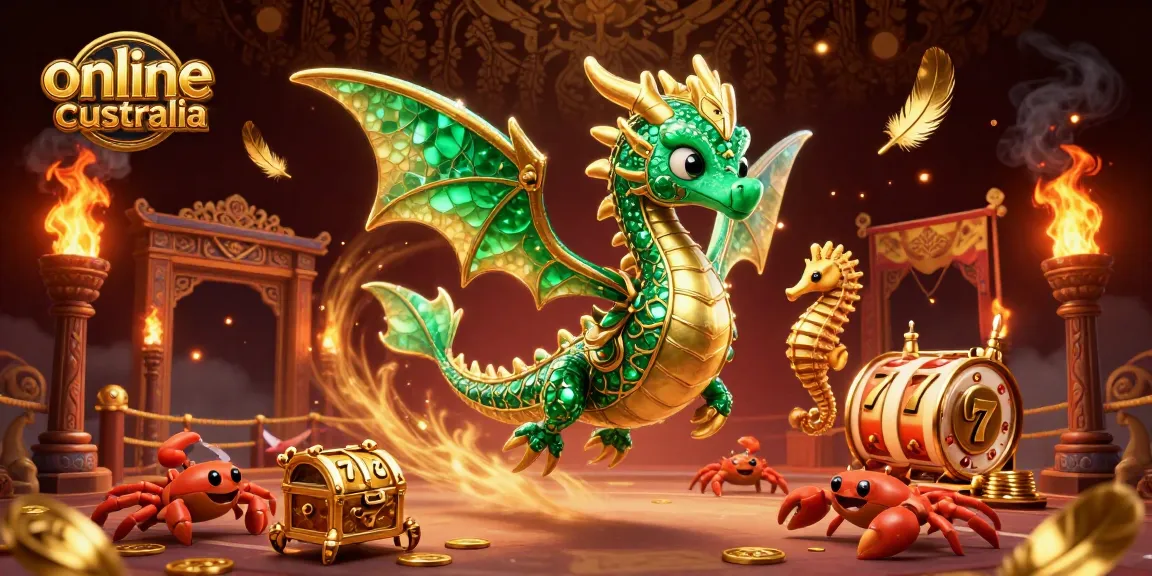 Experience the excitement of online casino Australia with a vibrant 3D scene featuring a sea dragon and treasures.