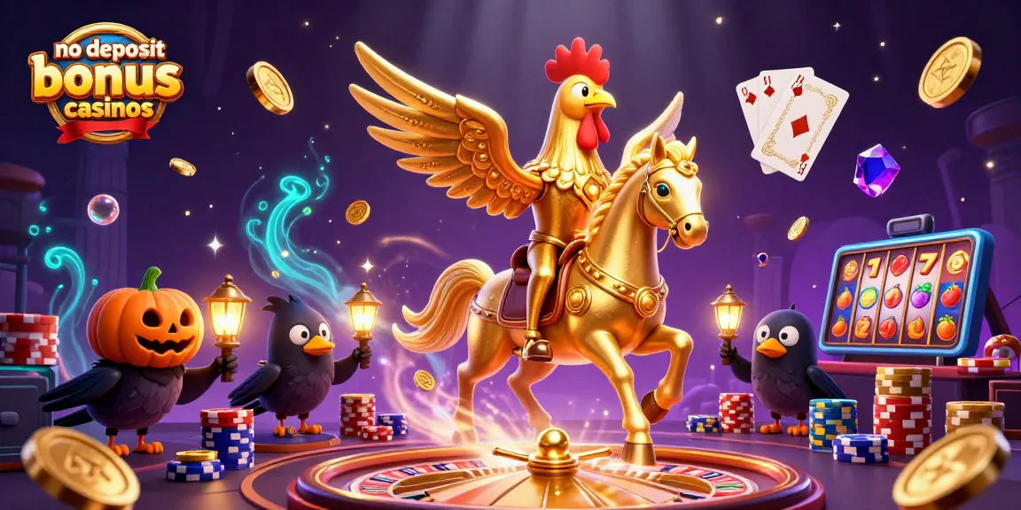 No deposit bonus casinos feature golden rooster and spectral horse in vibrant casino scene