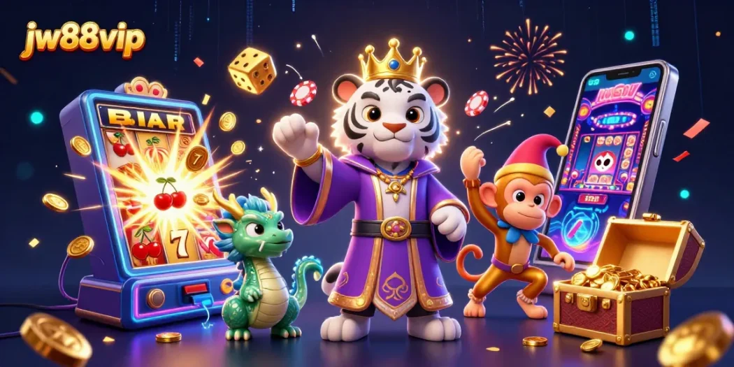 Experience vibrant casino excitement with jw88vip, featuring a dynamic casino scene with playful characters and slot themes.