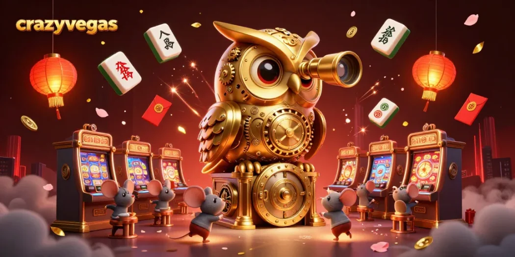 Engaging scene with a crazyvegas theme showcasing a golden owl and mouse patrons amidst lively casino elements.