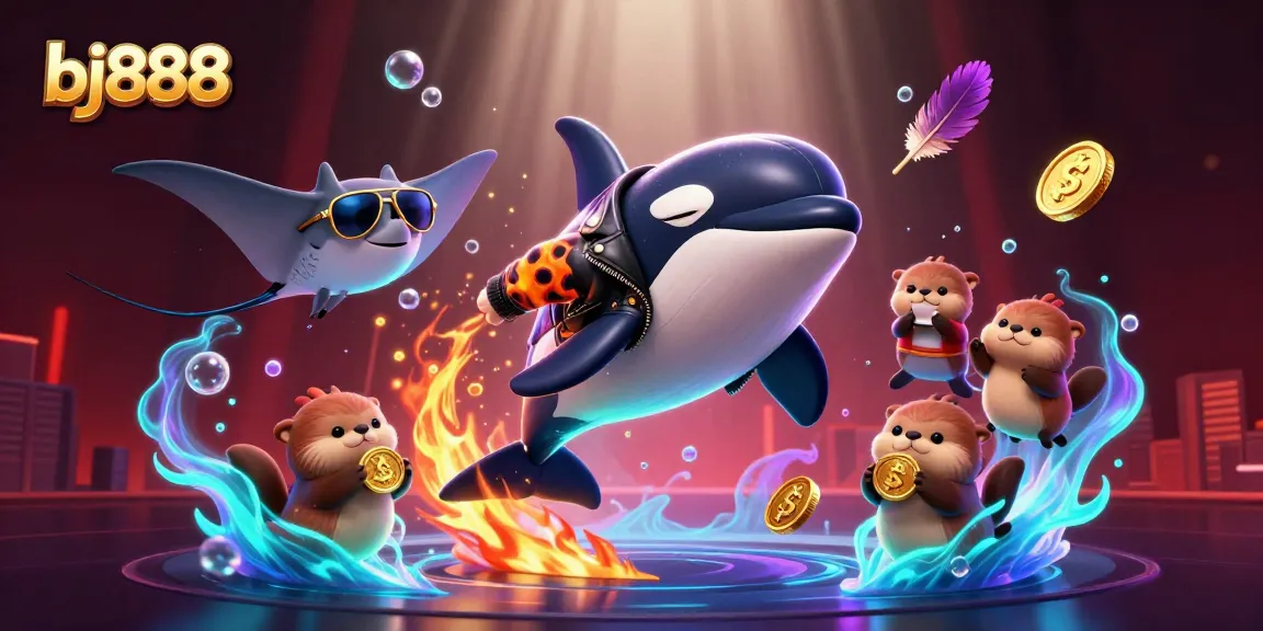 Engage in thrilling bj888 cockfighting action with an orca, stingray, and sea otters amid vibrant game elements.