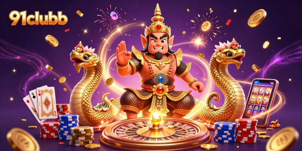 Join the excitement at 91clubb with golden coins, casino games, and vibrant action packed in a dynamic scene.