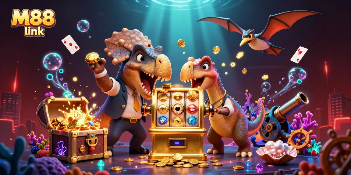 Experience M88 link as a pachycephalosaurus wins jackpots amidst dynamic casino chaos.