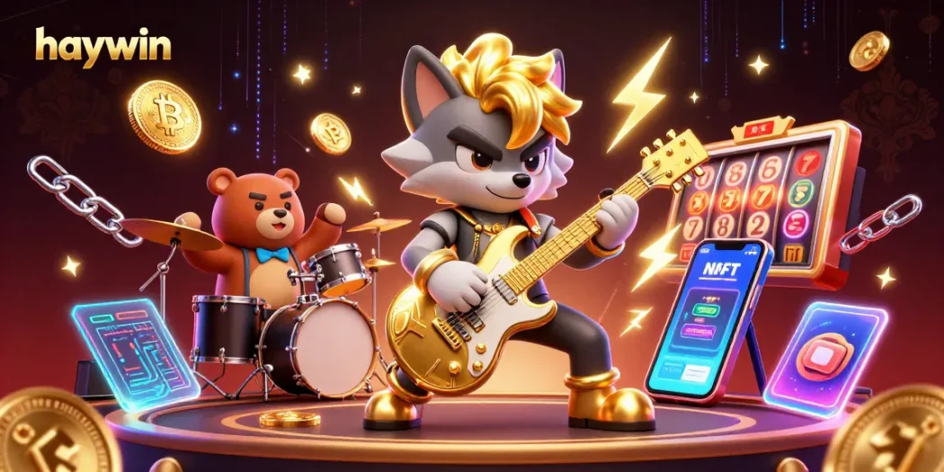 Experience thrilling gameplay at haywin with vibrant slot reels and crypto elements in a lively casino scene.