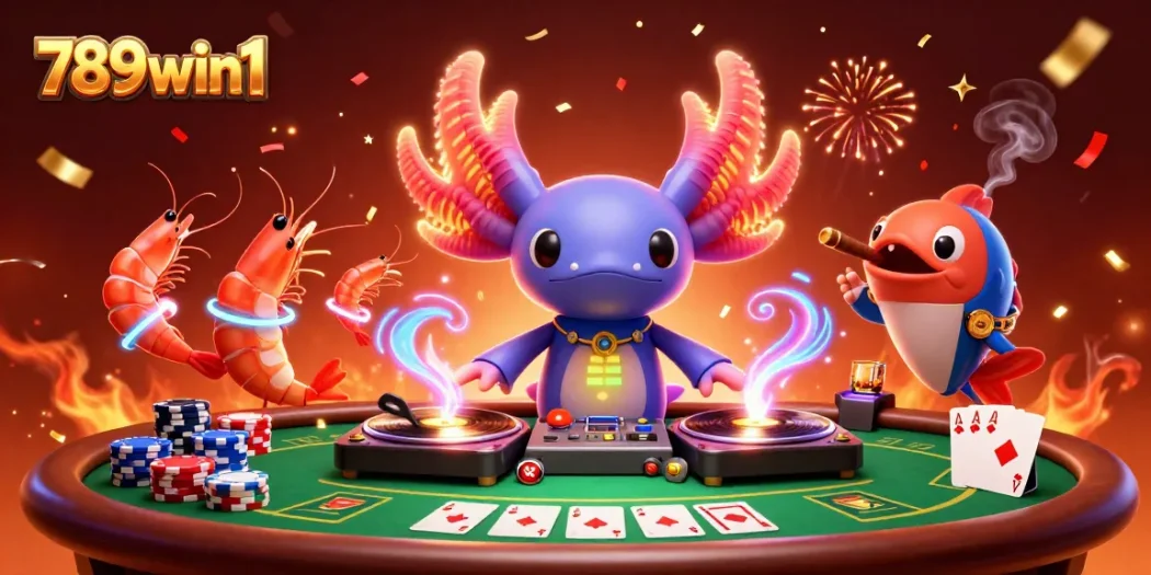 Engage with 789win1's vibrant casino scene featuring whimsical characters and rich poker elements.