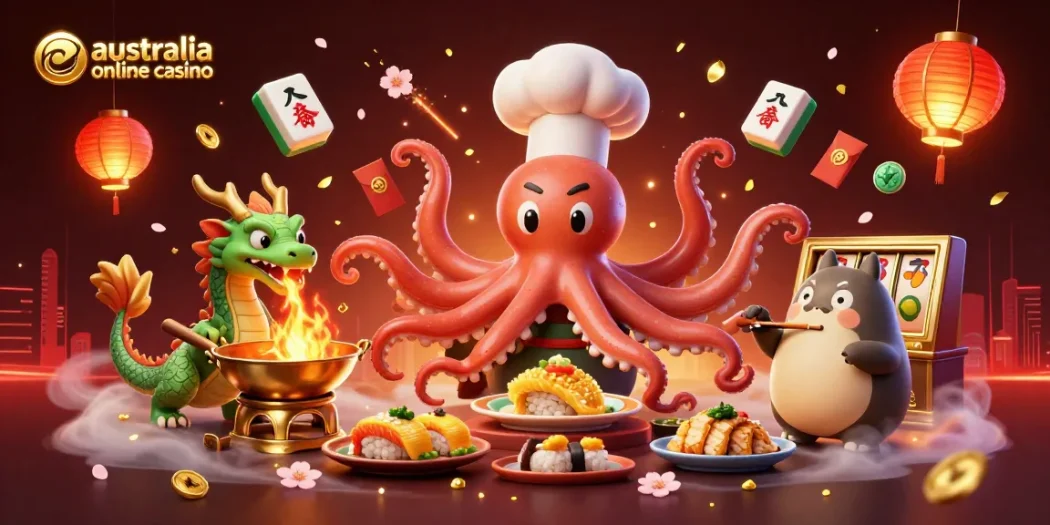 A vibrant action scene enhancing the australia online casino experience with an octopus chef, dragon, and tanuki, celebrating wins.