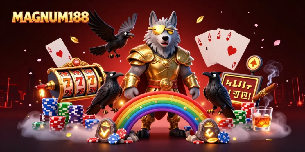 Experience thrilling slots action with MAGNUM188 featuring Odin and ravens amidst vibrant casino chips.