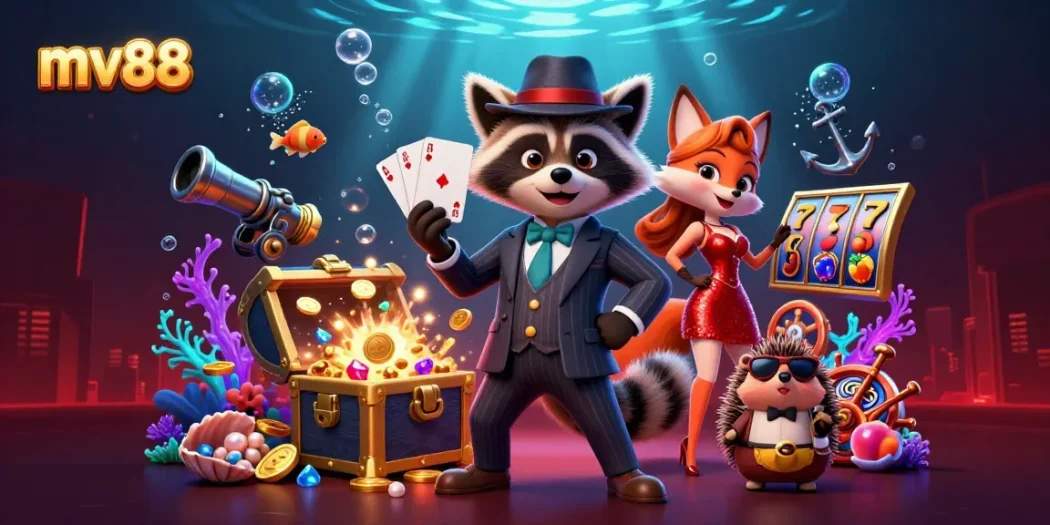 Experience the thrill of mv88 with playful characters exploring a vibrant casino world filled with gold and excitement.