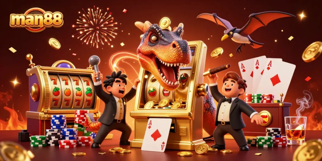 man88 slots scene with dinosaur elements creating a jackpot excitement for gamblers