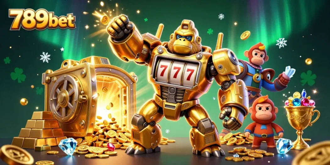 Join the action with 789bet's animated golden gorilla mech smashing jackpots amidst shiny treasures.