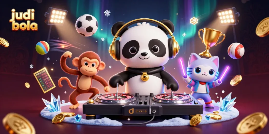 Experience judi bola excitement with a DJ panda, breakdancing monkey, and rave kitten in a vibrant gambling scene.