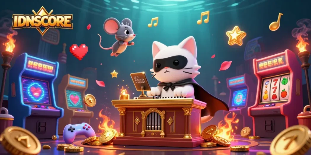 Engage with IDNSCORE in a vibrant, immersive 3D casino world filled with colorful games and captivating characters.