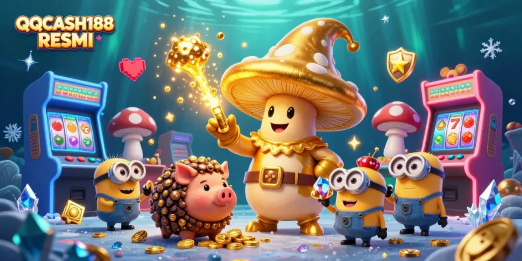 Experience the magic of QQCASH188 RESMI in this captivating 3D casino scene with golden treasures.