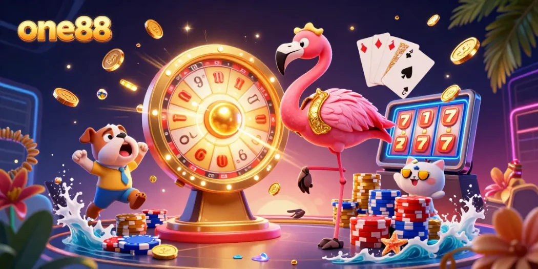 Experience winnings with one88 in a vibrant casino scene featuring a game show host, dog contestant, and cat assistant.