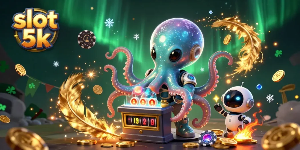 Win big with slot 5k in this vibrant illustration showcasing an alien octopus operating a slot machine.