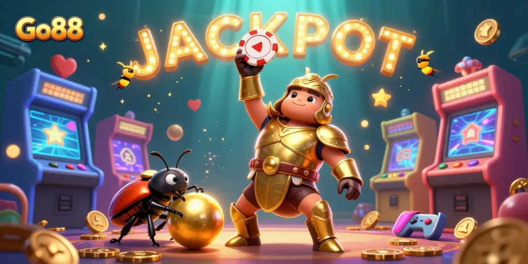 Play exciting games at Go88 with a victorious beetle in armor lifting a poker chip amidst vibrant gaming elements.