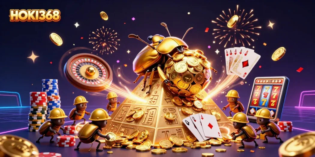 Experience the excitement of HOKI368 with golden coins cascading in a dynamic casino scene.