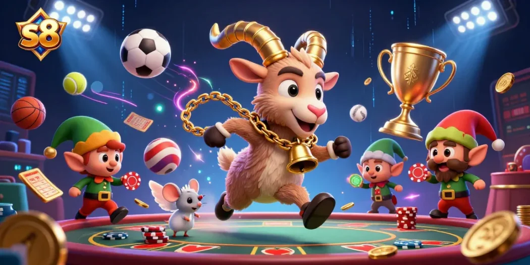S8 offers a thrilling casino experience with festive characters engaging in high-stakes games.