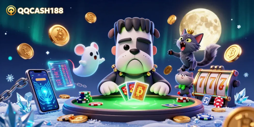Engage with QQCASH188 at a lively casino table featuring unique 3D characters and vibrant gaming elements.