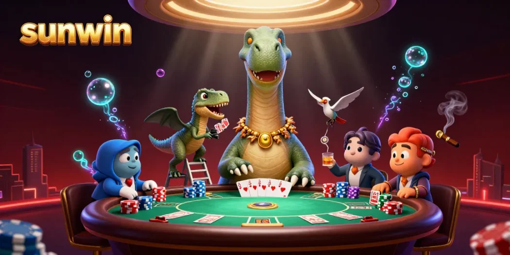 Experience thrilling poker action with sunwin featuring a dinosaur dealer in an exciting casino scene.