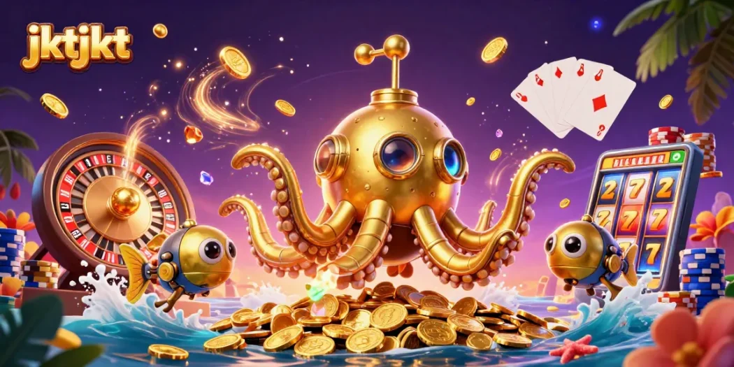 Ilustrasi menarik dari jktjkt dengan kraken emas dan koin berkilau dalam suasana kasino.