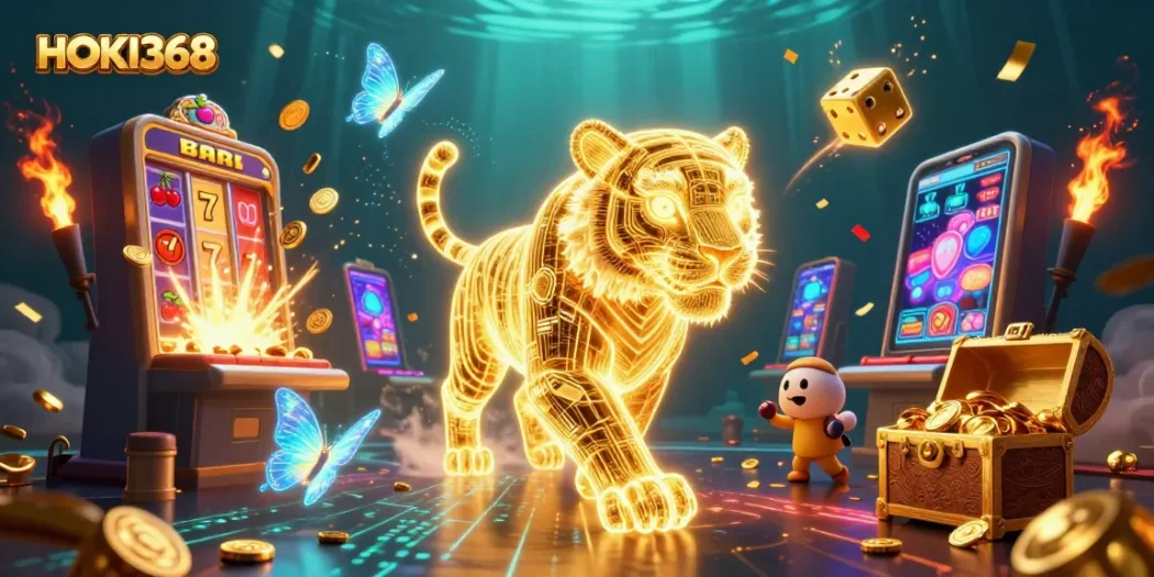 Experience the thrill of HOKI368 with a golden tiger in a vibrant digital casino scene filled with jackpots and excitement.