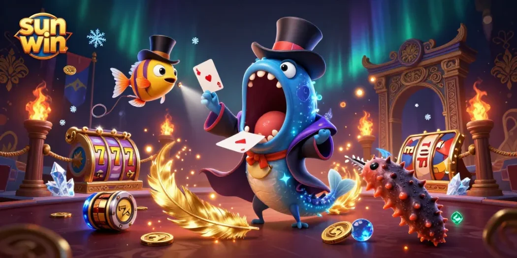 Engage with sun win's thrilling games through vibrant 3D illustration of underwater magic, featuring a gulper eel and an anglerfish.